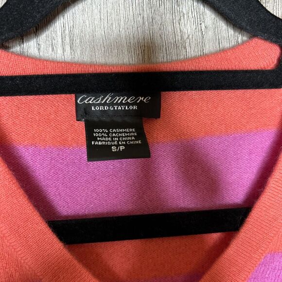Lord & Taylor Cashmere Sweater V Neckline Striped Purple and Orange Size S - Picture 3 of 6